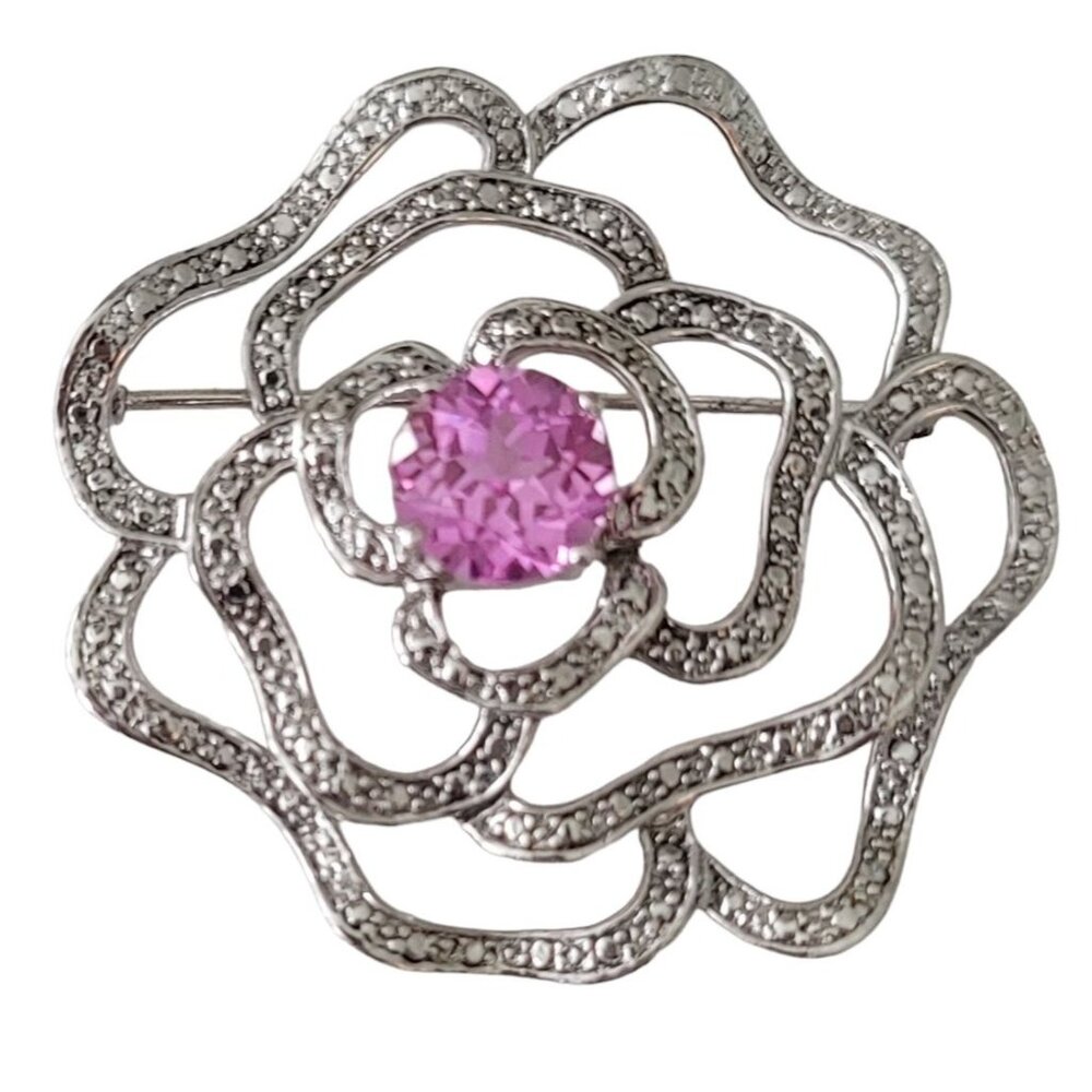 Silver Plated Modernist Open Style Pink Prong Set Rhinestone Flower Brooch E763